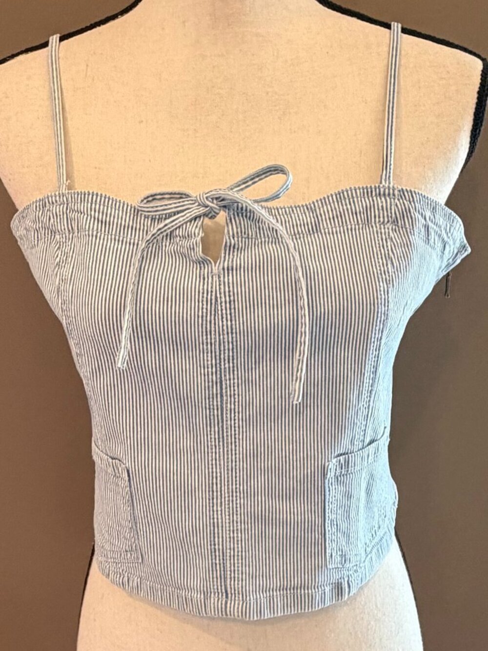 American Eagle Railroad Striped Convertible Denim Crop Top Summer, Size Large